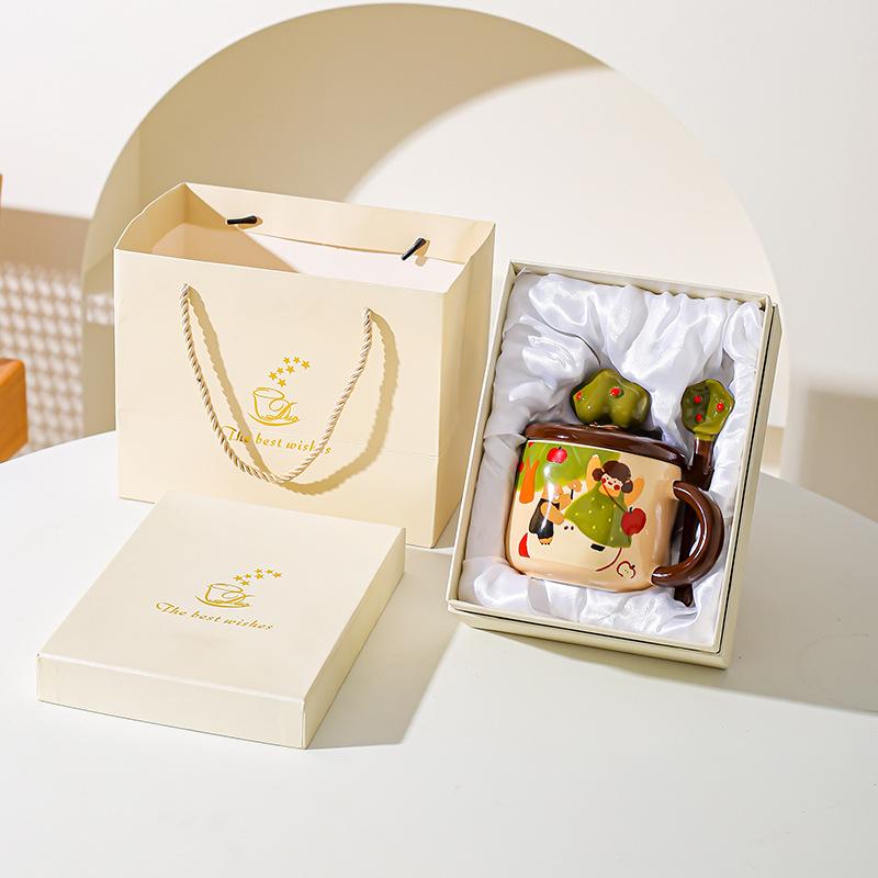 Apple Tree Girl Ceramic Vintage High Value With Lid Spoon Office Water Cup Coffee Cup Breakfast Cup