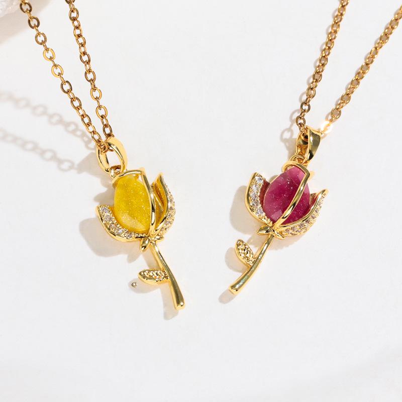 Women's Fresh Breeze Necklace: Colorful Tulip Pendant In Copper with Zircon, Fashionable Clavicle Chain