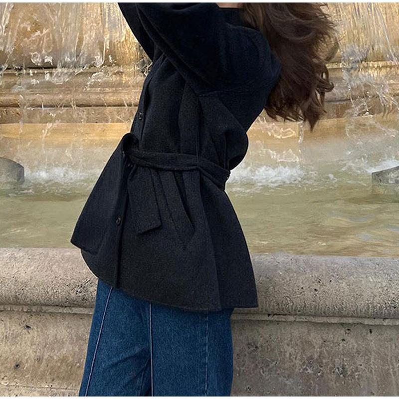 Winter Warm Lace up Women's Coat Solid Color Vintage Single Breasted Outerwear Fashion Autumn Women's New Retro Jackets