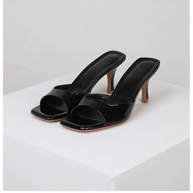 Patent leather high-heeled cool slippers 2025 new summer versatile thin-heeled square-toed sexy one-word slippers