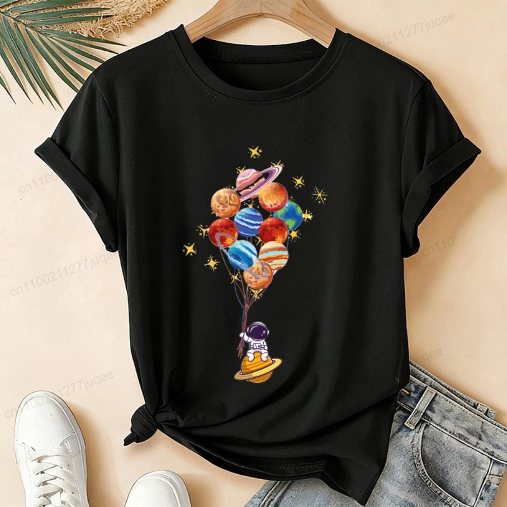

Astronaut Printed Ladies T-shirt Short-sleeved T-shirt Ladies T-shirt Blouse Space Balloon Planet Birthday Graphic T-shirt Gift M