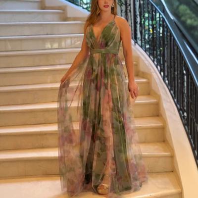 Women's Mesh Spaghetti Strap Maxi Dress Deep V Neck Backless Evening Dress Floral Printed Camisole Dress for Cocktail Party