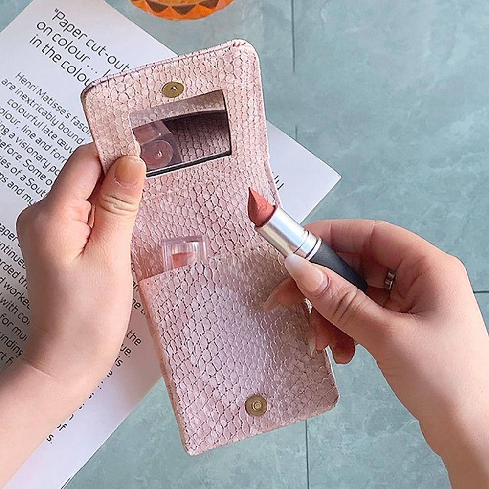 High-quality PU Leather Lipstick Bag With Mirror Snap Button Lipstick Protective Cover Mini Makeup Bag