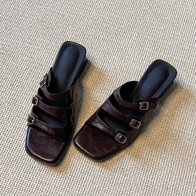Women Slippers New Square Toe Sandals Party Shoes 2025 Summer Elegant Woman Pumps Brand Buckle Slides Sandalias Mujer