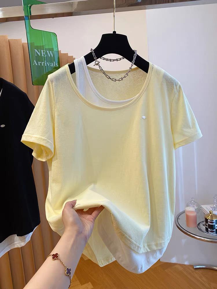 Plus Size Korean Snowflake Cotton Two-Piece Look T-Shirt, Women's Short Sleeve, Loose Casual Top (2026)