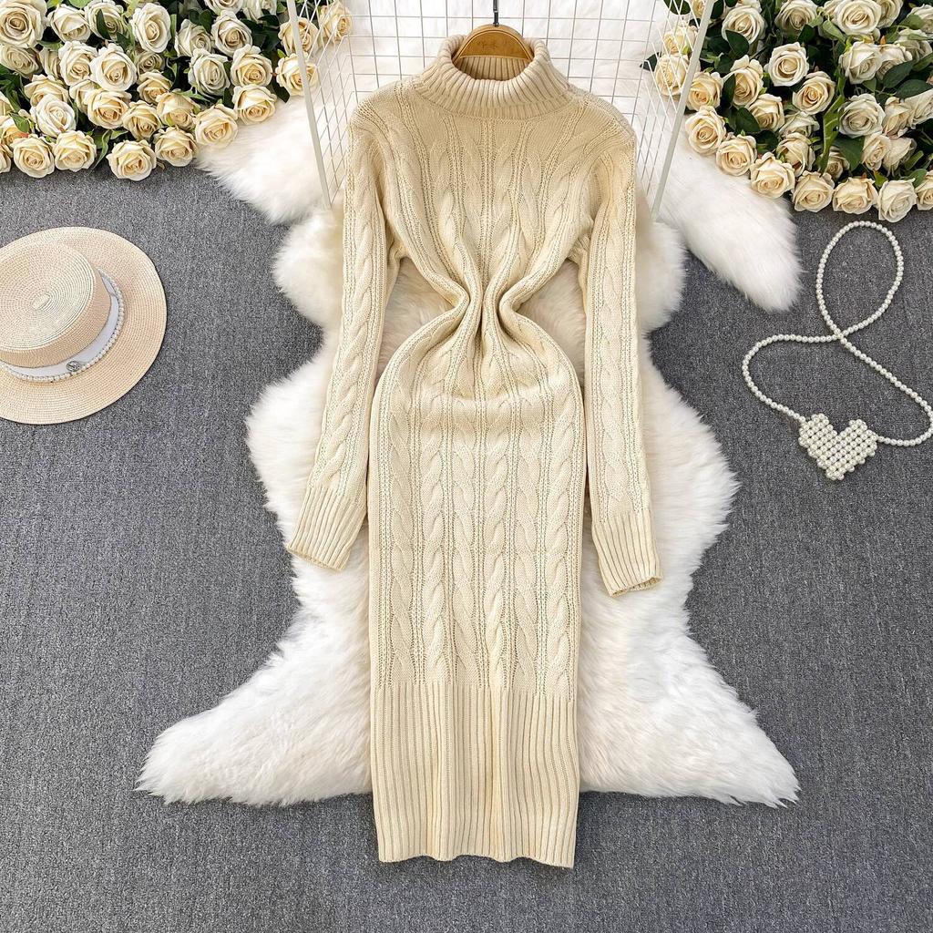 Gray Fashion Turtleneck Sweater Dress For Women New Autumn Winter Chic Long Sleeves A-Line Pullover Loose Knitted Dresses