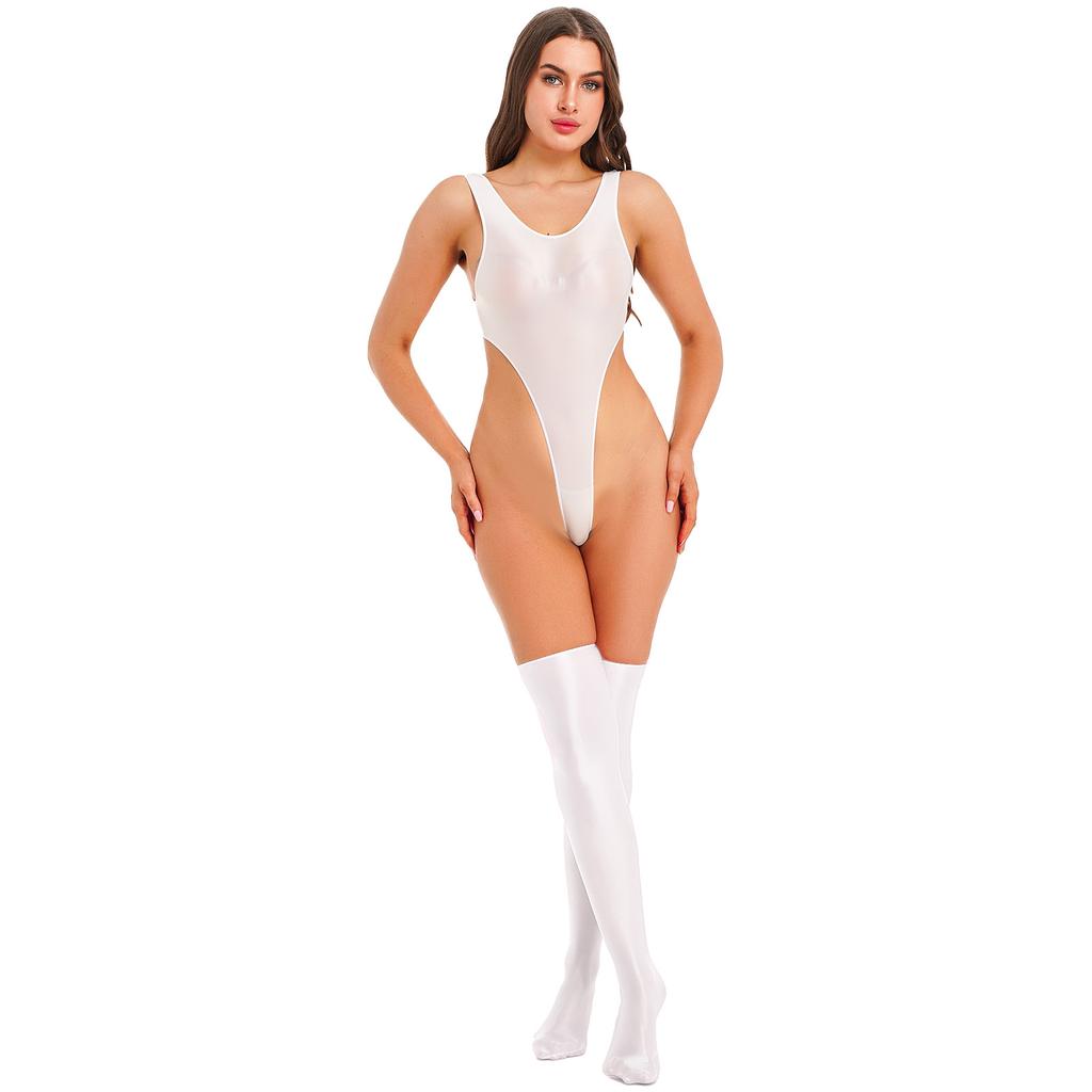 Women's Shiny Glossy Bodystocking Sleeveless Bodysuit Catsuit Bodycon Dress with Stockings