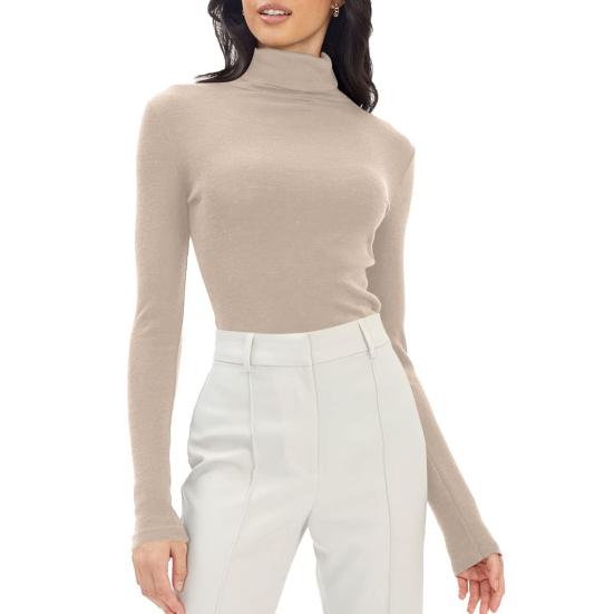 Women Bottoming Tops Slim Fit Stacked Collar Long Sleeve Solid Color Pullover Shirt Elastic Jumper Daily Wear