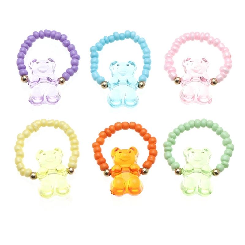 

6pcs Fashionable Bear Pendant Rings Elastic Beaded Rings Comfortable Animal Accessory Eye Catching Ornament for Ladies 1