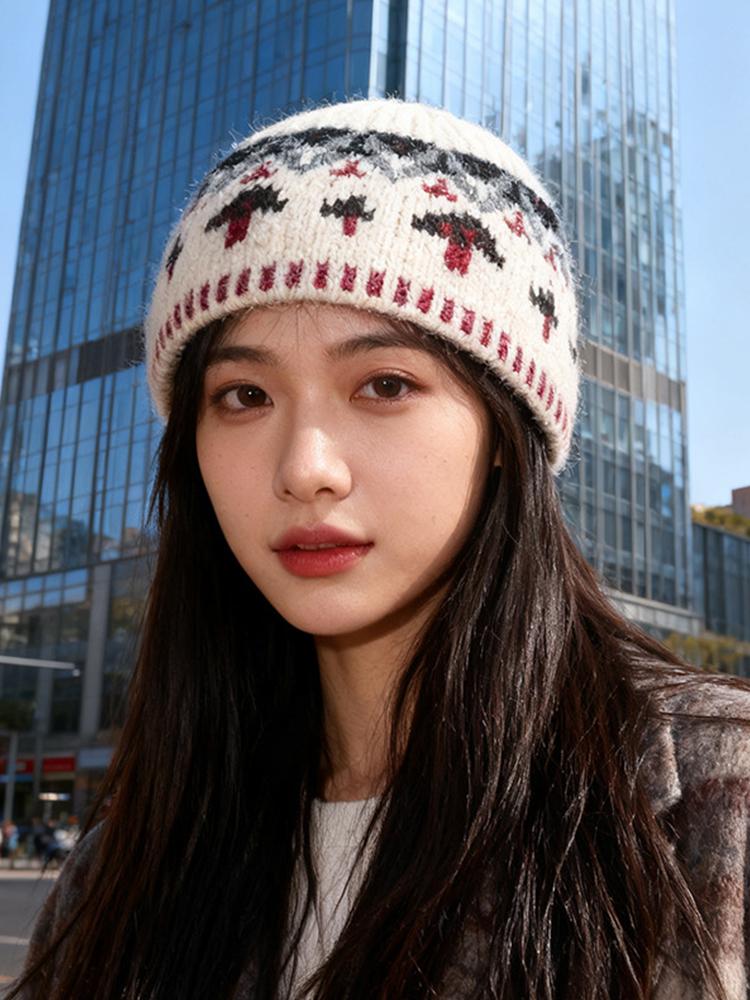 New Women Men Knitted Beanie Floral Hats Winter Vintage Fashion Commute Headwear Warm Soft Cozy Cold Weather Knit Cap Casual
