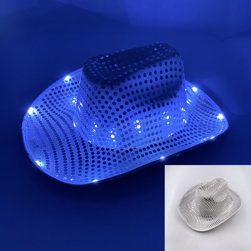 Four Color Led Light Up Western Cowboy Hat With Sequin Pattern For Party Cosplay Stage Performance