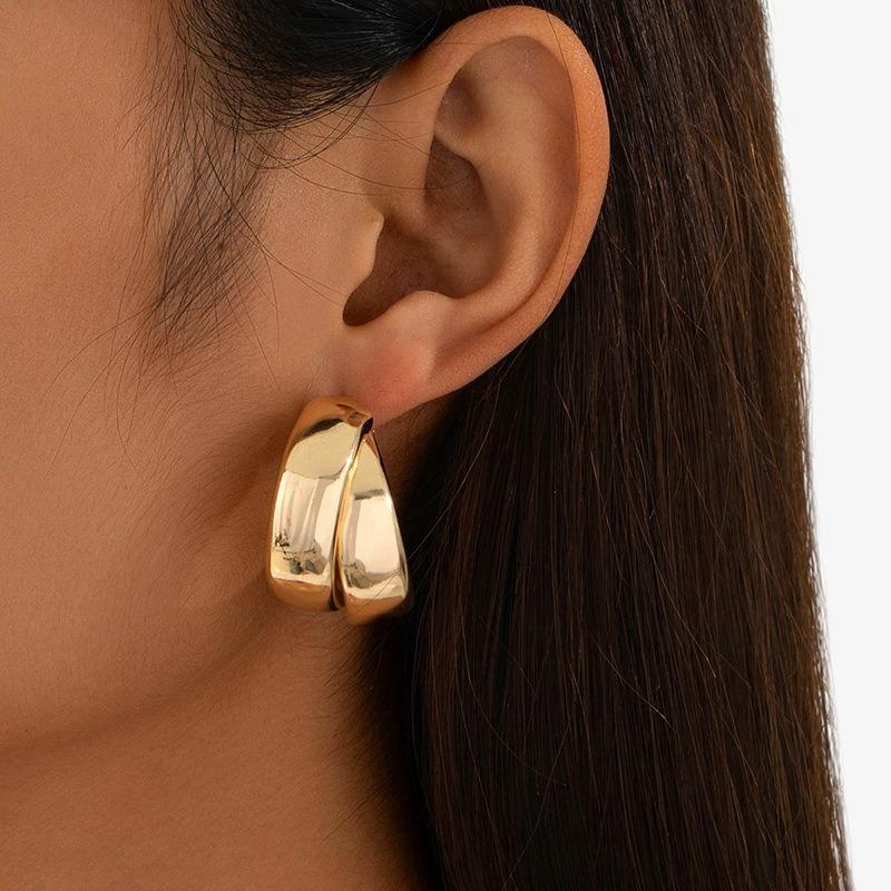 Elegant Double Layer Gold Chunky Hoop Earrings for Women Fashion Exaggerated Smooth C-Shaped Drop Earring Statement Jewelry Gift