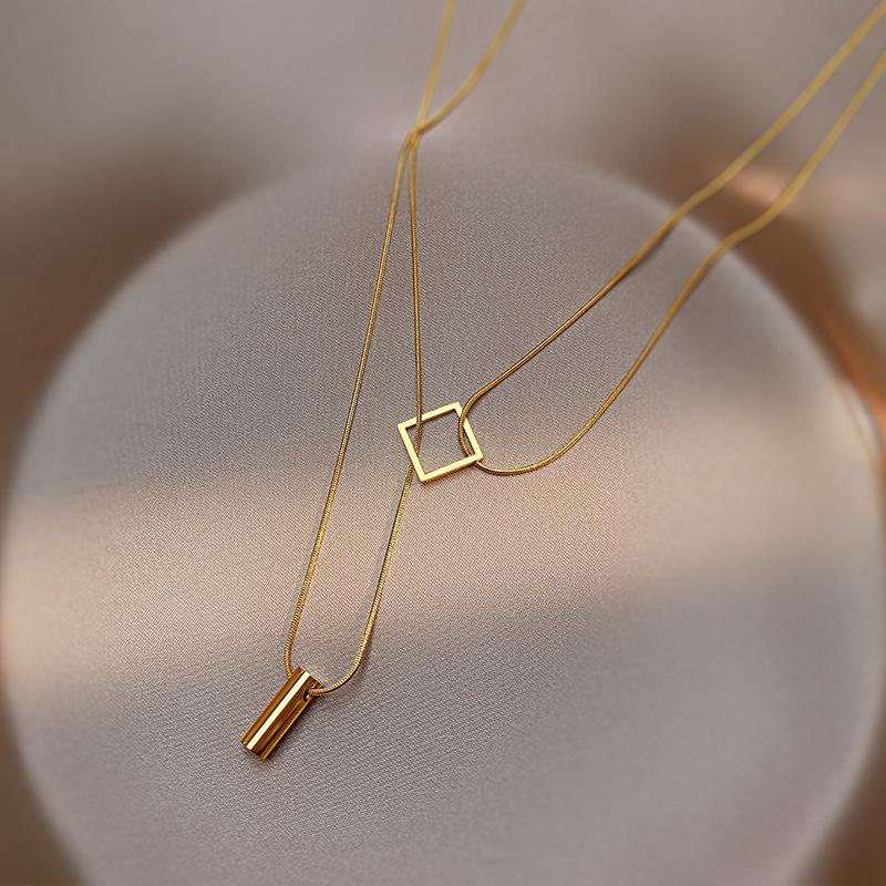 Stainless Steel Gold Color Overlay Double-Layer Necklace Women's Fashion  Party Girls' Fadeless Accessories Gift