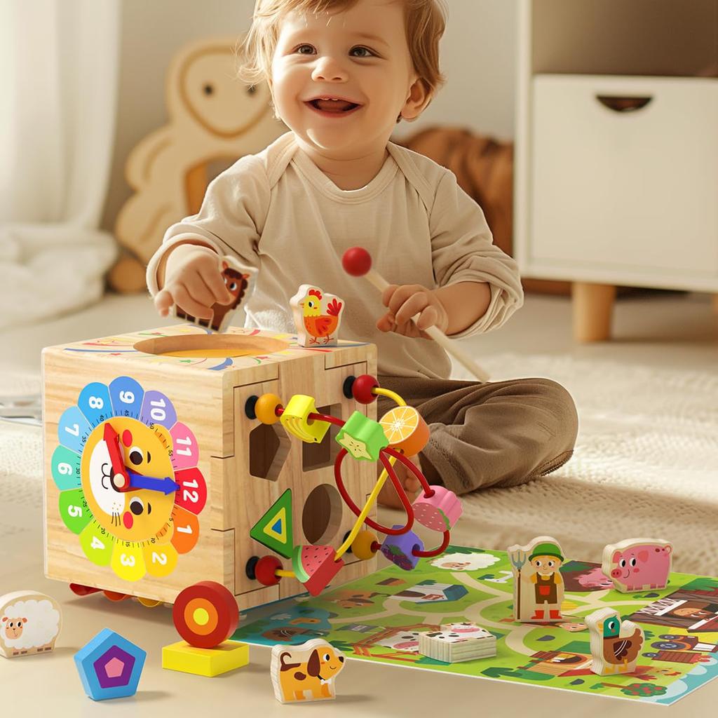 Montessori Educational 7In1 Wooden Activity Game Boys and Early Music Color and Shape Fine Coordination Kindergarten Gift Toy, Cube, Toy, Children's