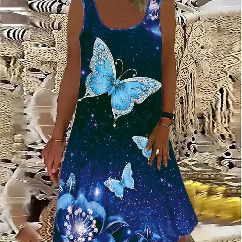 

Женское платье без рукавов с круглым вырезом и принтом бабочек, свободное, мягкое и удобное, большого размера 4XL синий