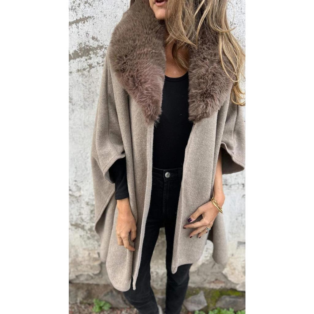 2025 New Women's Autumn Winter Loose Long Sleeve Lapel Faux Fur Collar Cloak Coat Outerwear