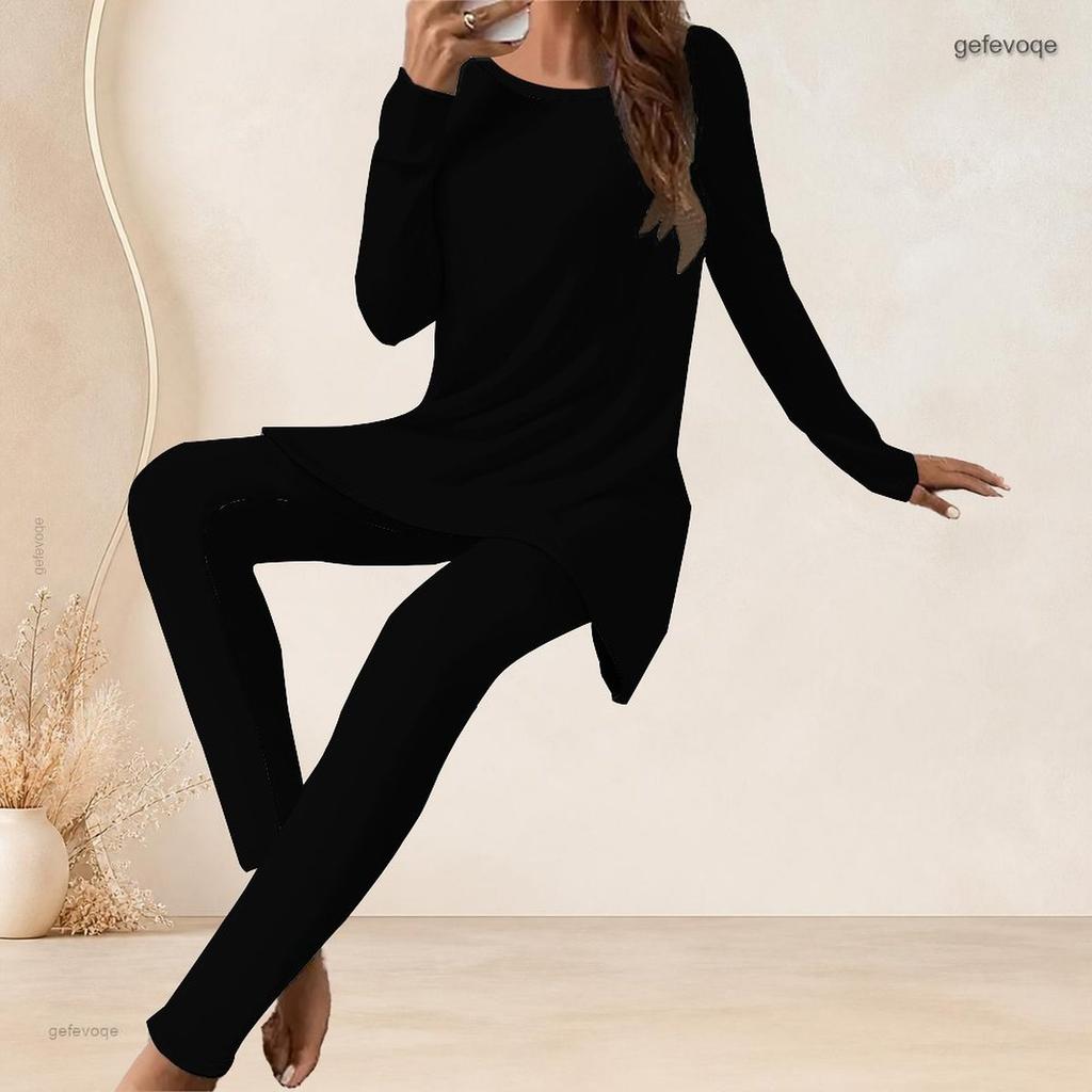 Women Plus Size Two Piece Set Round Neck Long Sleeve Black White Geometric Printed Longline Top Fitted Pants