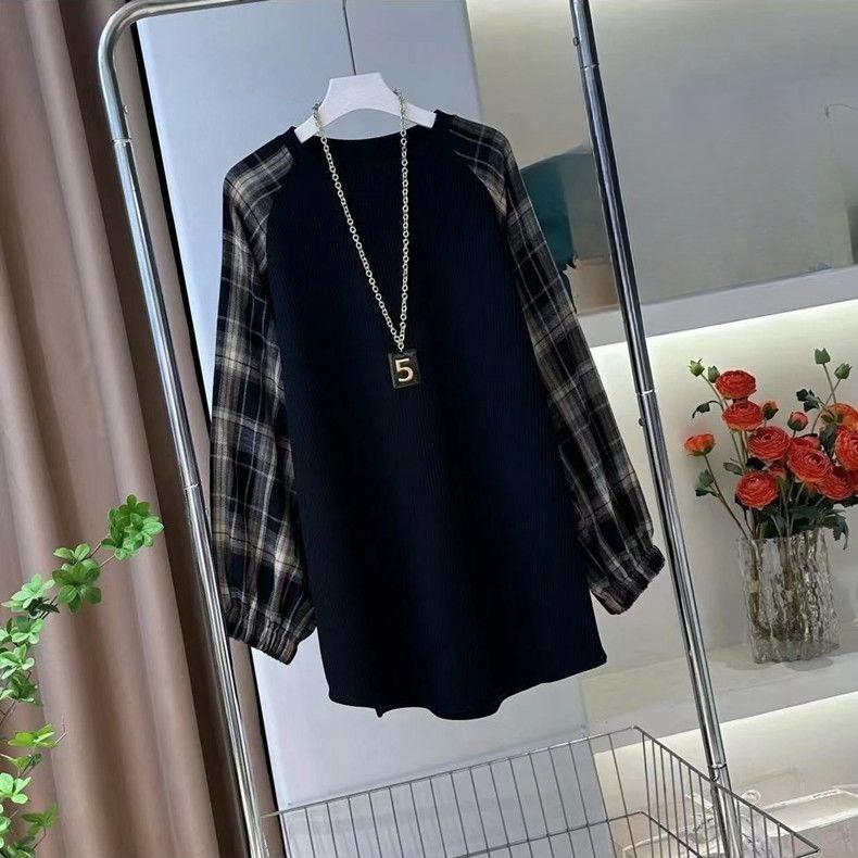 

Plaid Sleeve Stitching Top Autumn Loose Round Neck Pullover Sweater XS чорний