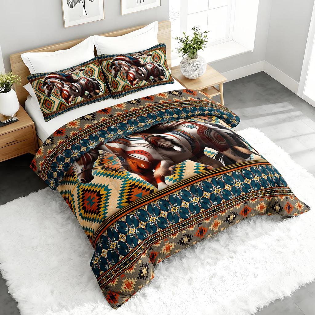 3PC Western Horse Aztec Native American Duvet Set with 2 Pillowcases for Bedroom Or Guest Room Comforter Set