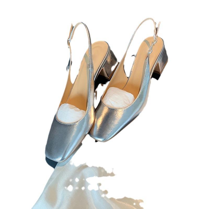 2025 summer new high-heeled sandals women's French temperament commuter bag head back empty word with thick-heeled sandals women