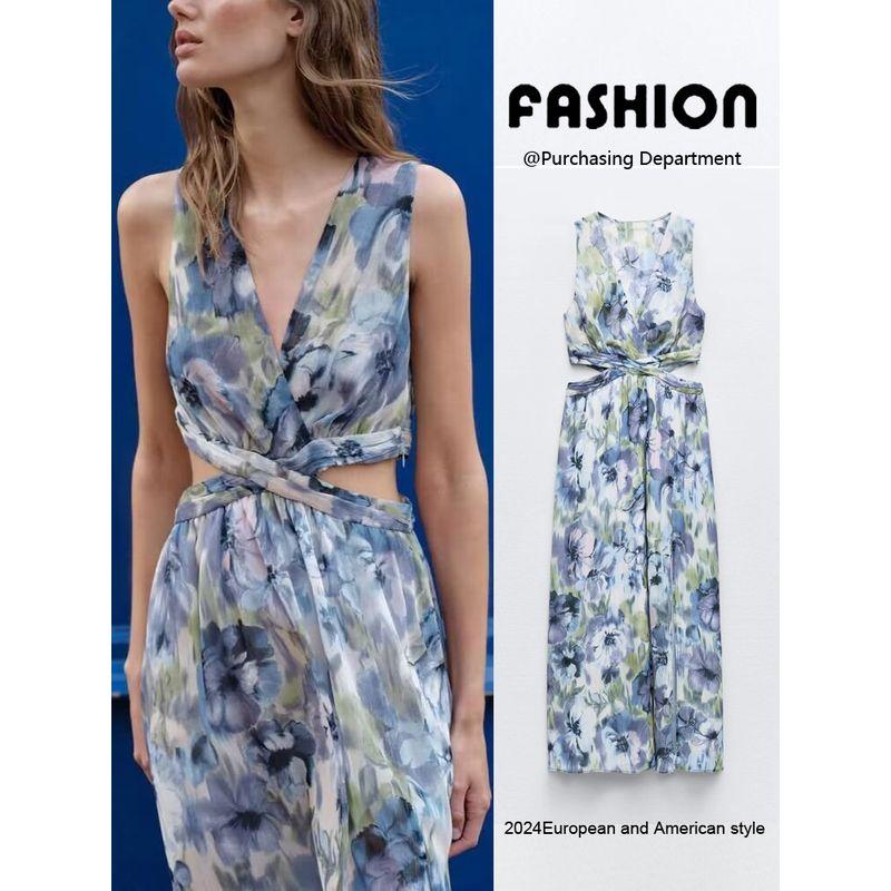 Za2024 Summer New Product Women's Clothes V Neck Sleeveless Open Design Metallic Thread Print Dress 2887188