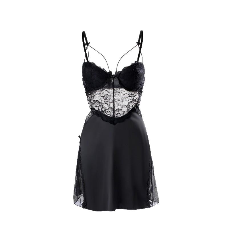 Ice Silk Lace Back Push-Up Nightgown - Spaghetti Strap Seductive Lingerie