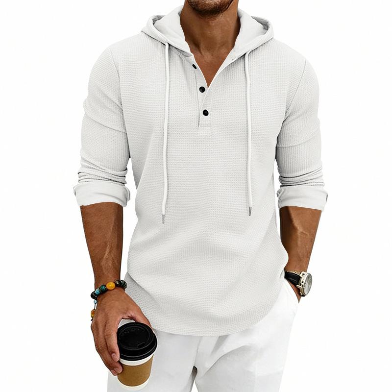 Erkek S Waffle Örgü Kapüşonlu Uzun Kollu Henley Gömlek Günlük Sweatshirt