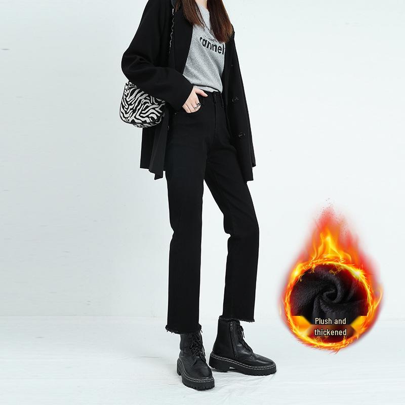 2025 Winter High-Waisted Black Frayed Straight Jeans: Velvet Lined, Loose Stretch Fit for Women
