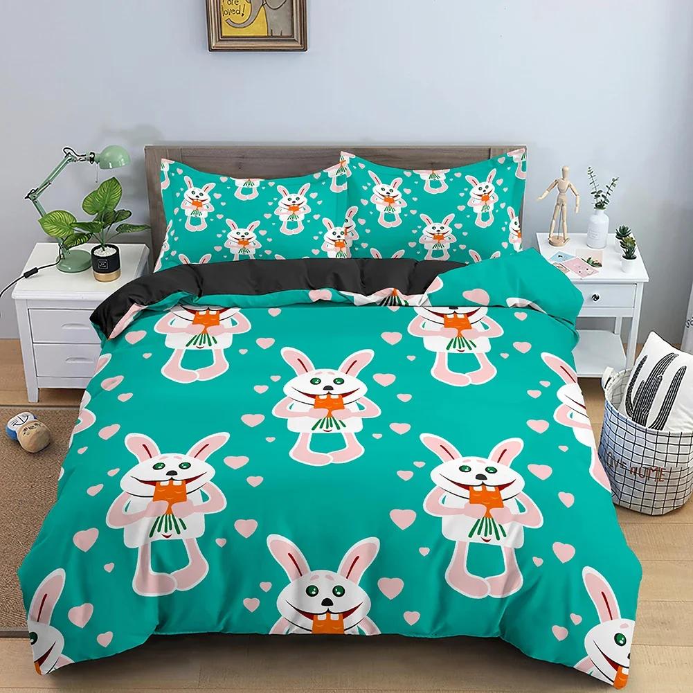 Cute Rabbit Print Comfortable Duvet Quilt Cover Pillowcase Bedding Set Children Bedroom Decoration Home Textile