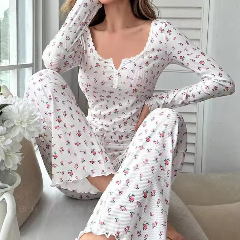 

Women Soft Comfortable sexy Floral Print Pajama Set Long Sleeve Top and Pants Loungewear Sleepwear Two Piece Set Homewear S білий