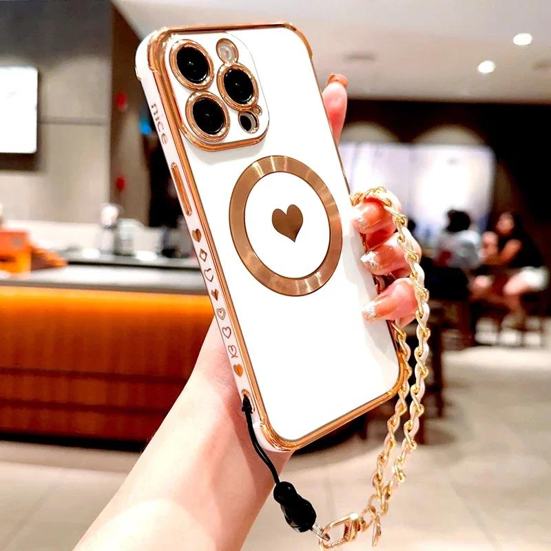 Plating TPU Case For iPhone 17 16 15 14 13 12 Pro Max Plus Air 16Pro 15Pro 14Pro for Magsafe Charge Wrist Lanyard Bracelet Cover