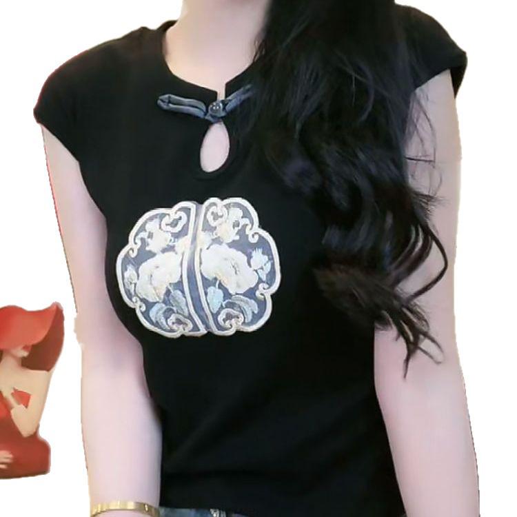 Plus Size Chinese Style Embroidered Women's Slimming Short Sleeve T-shirt