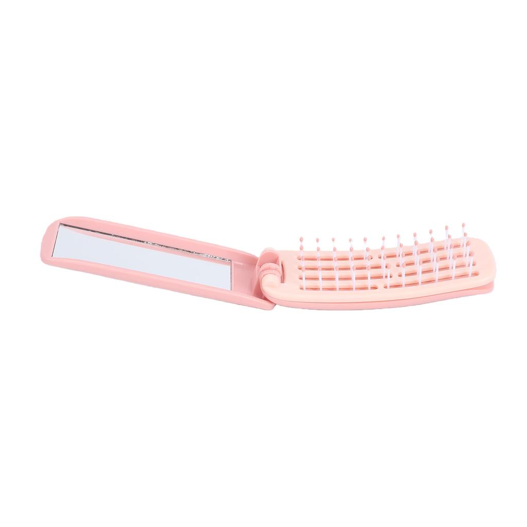Self Cleaning Pocket Folding Hair Brush Portable Travel Hair Brush with Mirror for Women Travel Pink