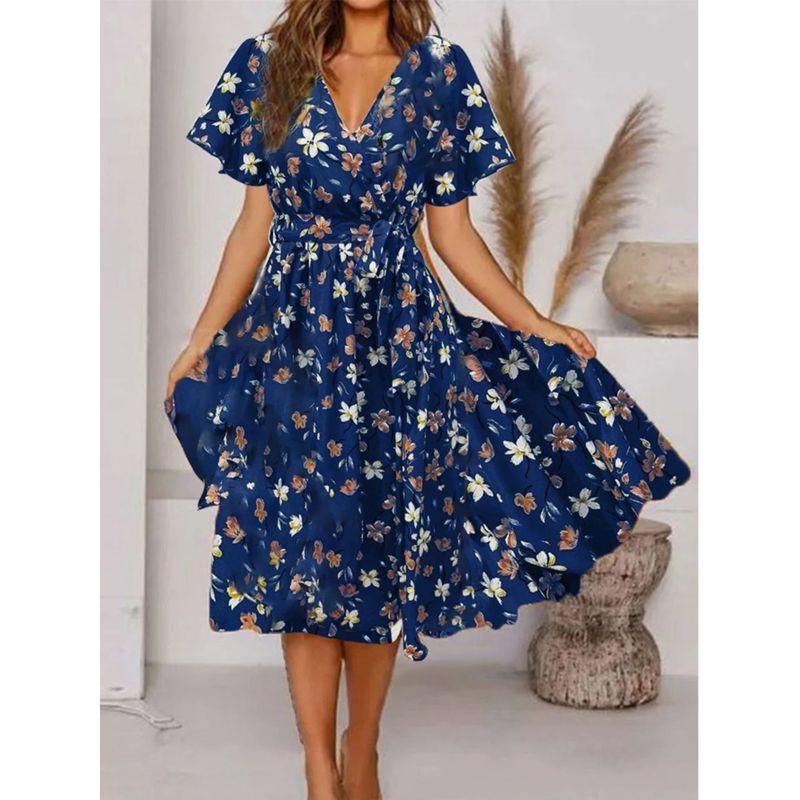 Women's Printed V-neck Short Sleeve Dress Women's Print Short Sleeve Dress