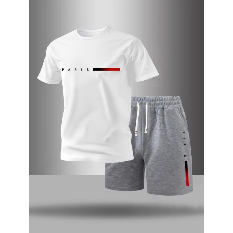 Men's paris letter round neck T-shirt + drawstring waist shorts set