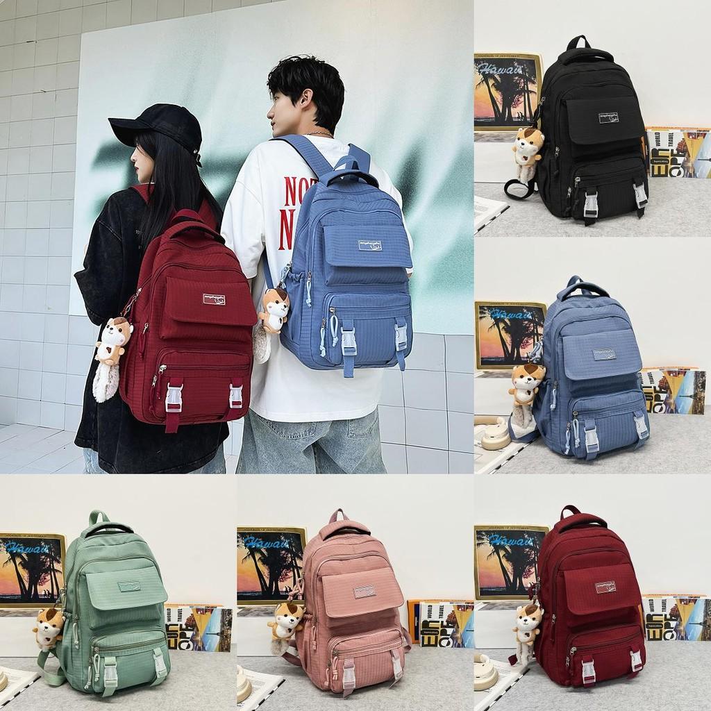 Simple Color Solid Checkered Texture Student Backpack With Pendant Plush