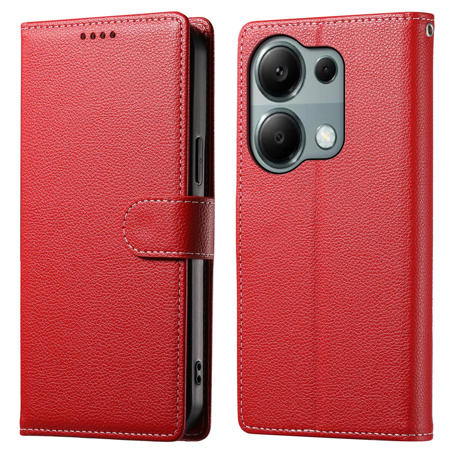 

DF-012 For Xiaomi Redmi Note 13 Pro 4G Case Litchi Texture Leather Magnetic Clasp Wallet Stand Phone Cover with Wrist Strap Red