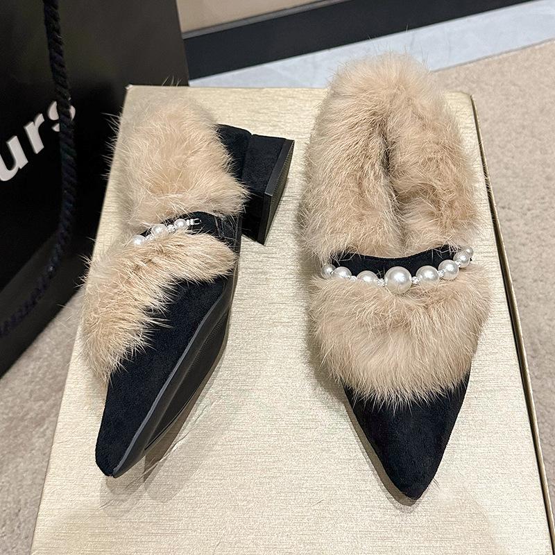 Pointed fashion Mary Jane shoes women's winter new fluffy thick heel single shoes foreign style sweet warm fluffy shoes