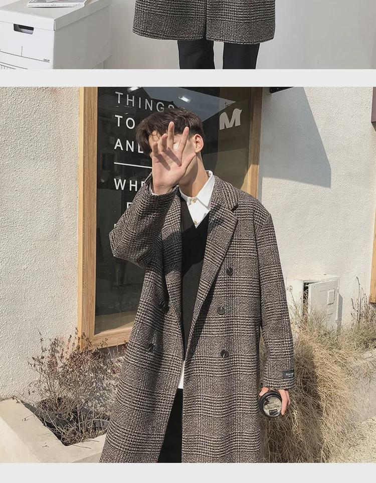 Herren Trendiger Doppelreiher Woll-Plaid Trenchcoat - Herbst/Winter Koreanischer Hong Kong Stil, Übergröße verfügbar