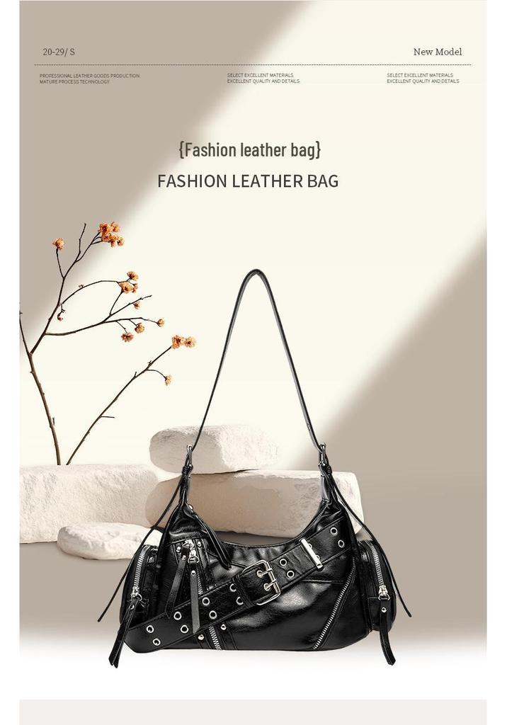Women's Punk Motorcycle Distressed Leather Crossbody Bag with Multi-Buckle Straps and Rivet Design