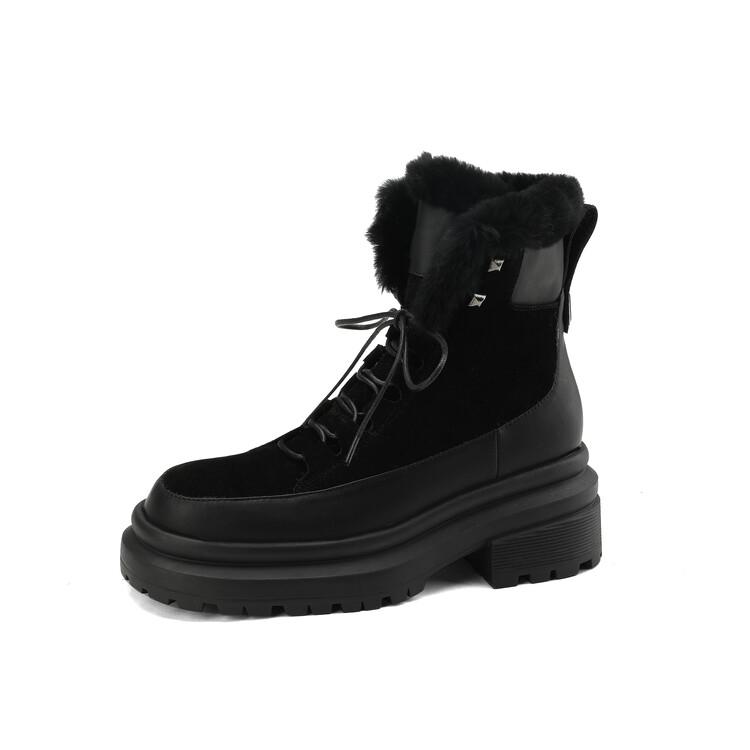 2024 New Popular Cross-Tied Women Ankle Boots Winter Warm Wool Snow Boots Genuine Leather Thick Heels Casual Outdoor Shoes Woman