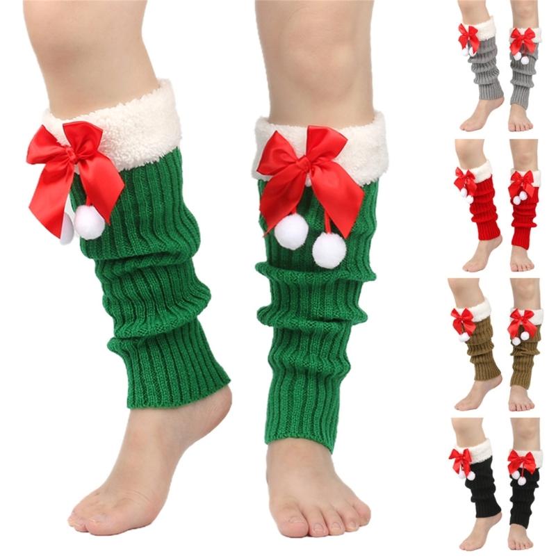 Christmas Fleece Trim Warm Leg Warmers Sweet Plush Balls Bows Knitted Boot Covers Festival Footless Socks for Women