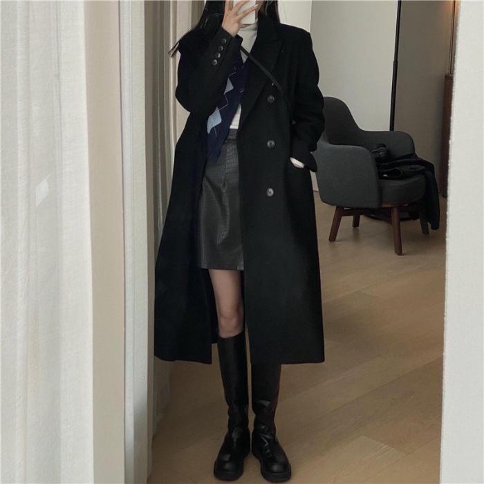 Women s Black Wool Coat: 2025 Autumn/Winter Korean Over-the-Knee Hepburn Style, Mid-Length, Thickened Small