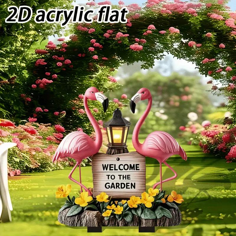 Flamingo Welcome Plaque - Garden Decoration with Lanterns and Flowers, Gift for Easter and Mother's Day Outdoor Decoration Use