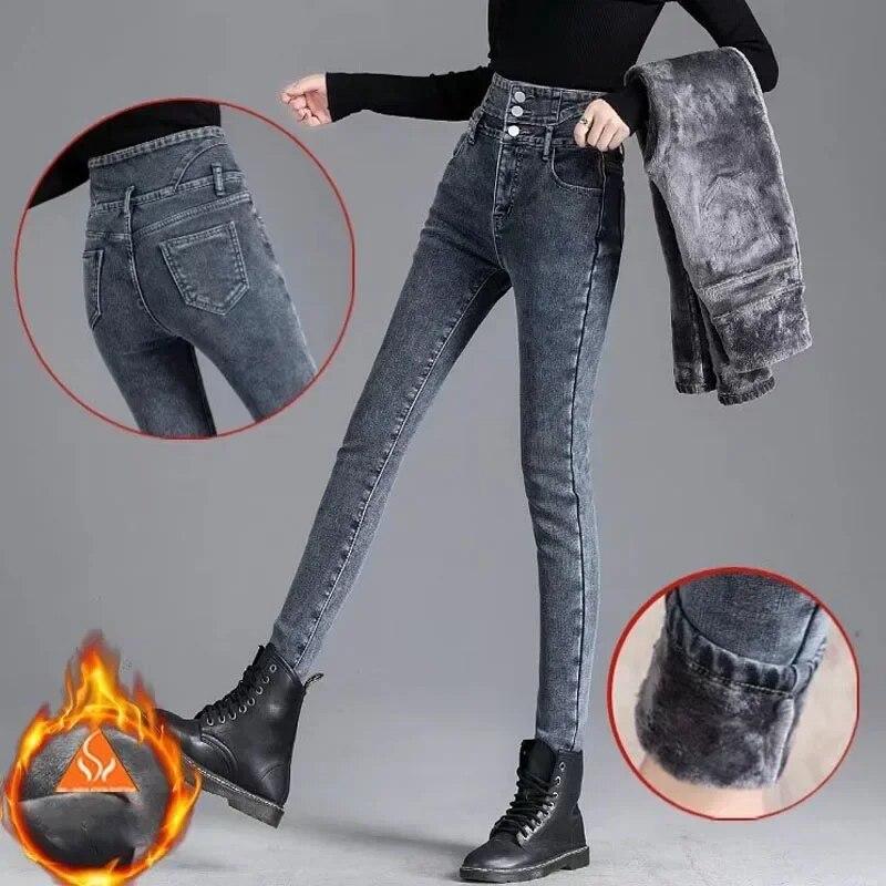 Winter Slim Fit High Waist Denim Jeans Women Solid Warm Velvet Denim Pencil Pants Casual Straight Solid Vintage Office-lady Jeans Trousers 30108