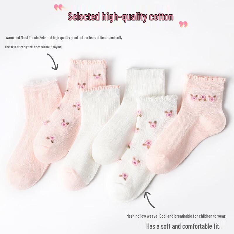 Langsah Girls' Thin Cotton Mid-Calf Socks (6 Pairs)