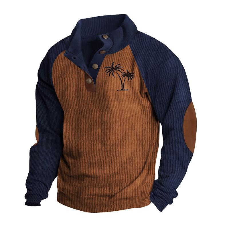 Men's Drop-Shoulder Sleeve Casual Printed Stand-Up Collar Loose-Fit Corduroy Patchwork Sports Sweatshirt