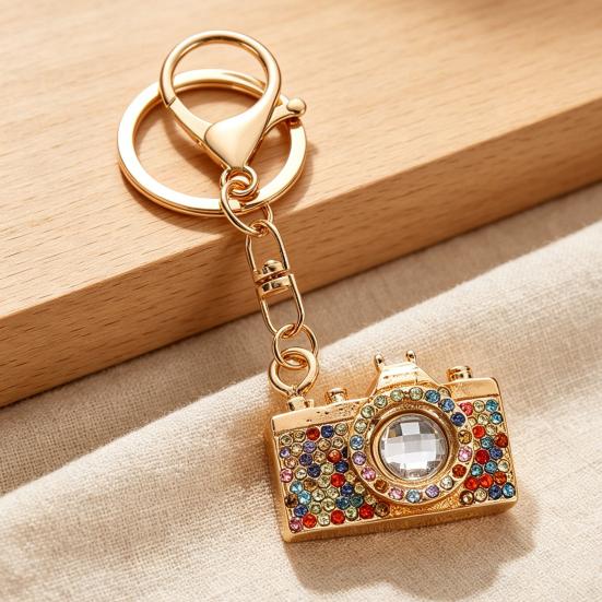 Portachiavi Ciondolo Strass Intarsiati Design Fotocamera Portachiavi con Moschettone Anti-Ossidazione Accessorio per Zaini