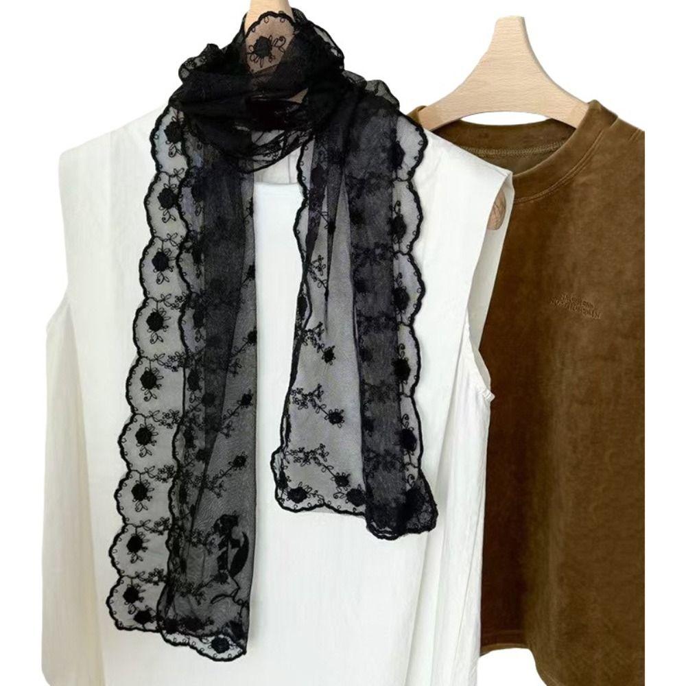 Retro Embroidered Flower Lace Scarf Breathable Mesh Lightweight Female Headscarf Long Sunscreen Shawl Women
