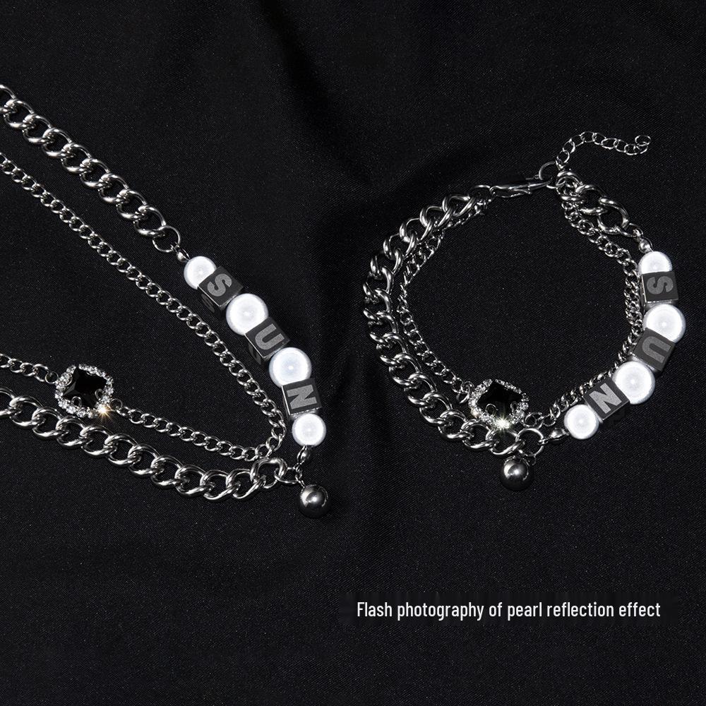 

Reflective Sun Pearl Double-Layer Hip-Hop Necklace & Bracelet Set